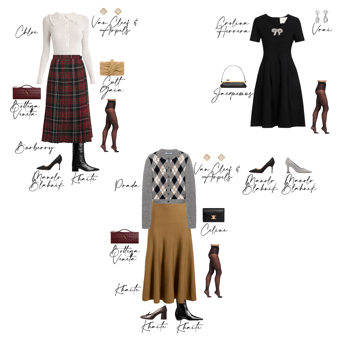 Holiday packing capsule, three festive outfits with plaid skirt, black dress, and argyle cardigan