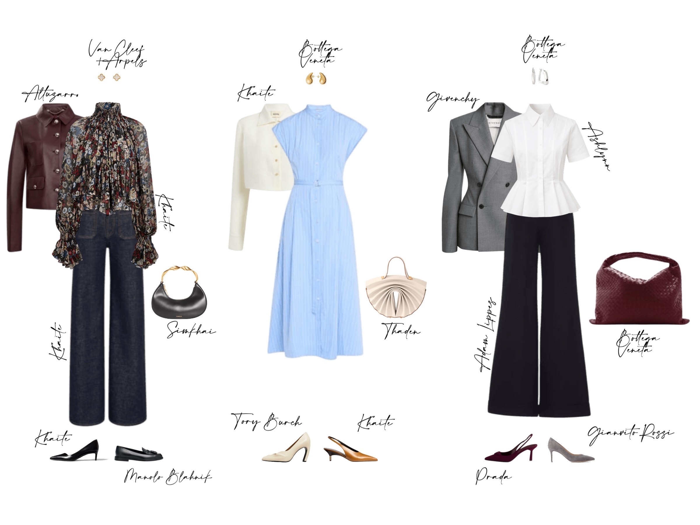 Three styled meeting looks, Altuzarra leather jacket, Khaite striped dress, and Givenchy blazer with wide trousers