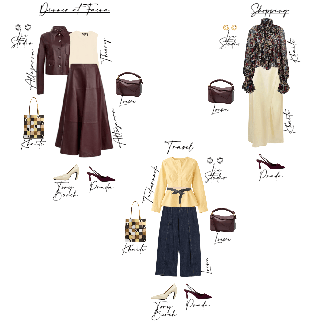 Three styled occasion outfits, dinner, shopping, and travel