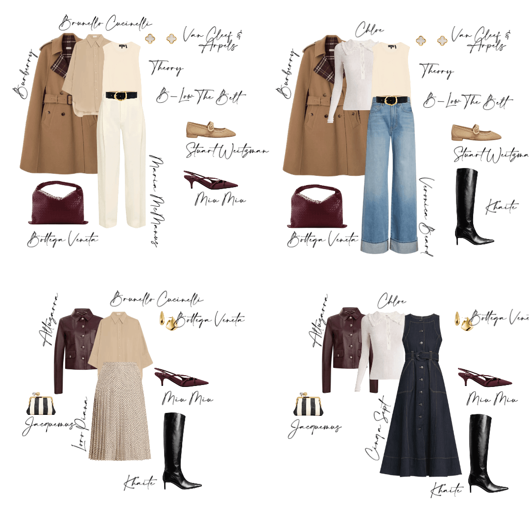 Paris packing capsule, four styled outfits with trench coats and layered looks