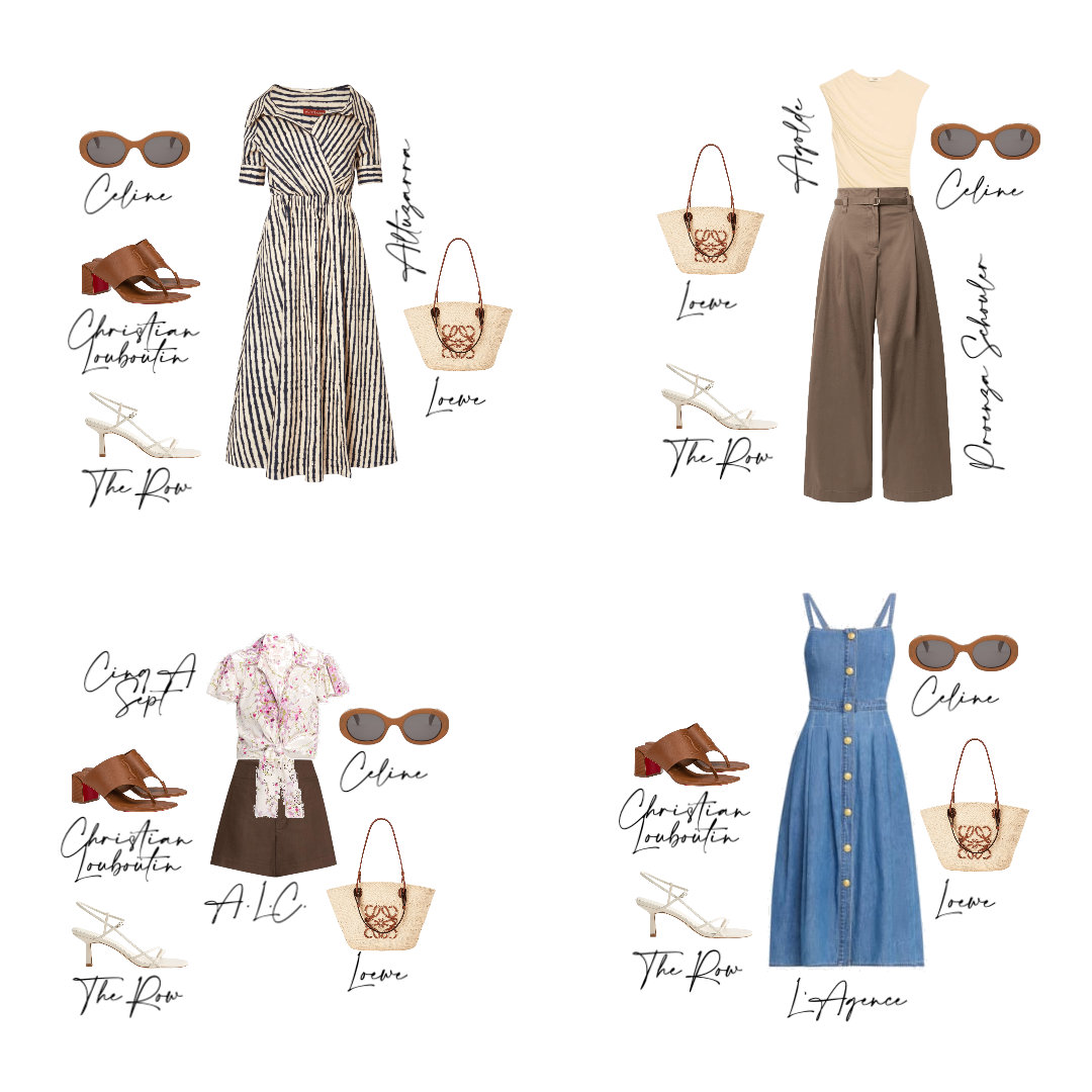 Santorini packing capsule, four styled summer outfits with sandals and straw bags