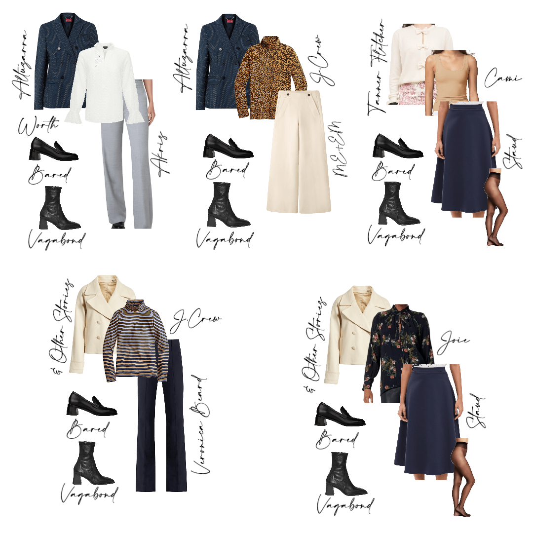 Switzerland packing capsule, five styled outfits with blazers, boots, and layered looks