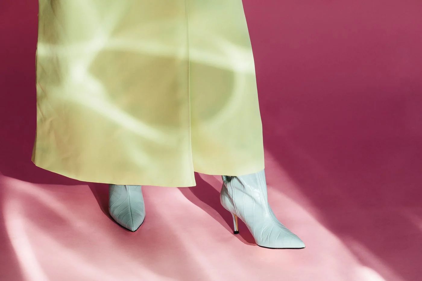 Pale yellow skirt with mint heeled boots